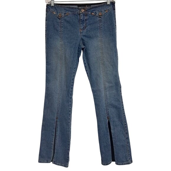 DKNY Jeans Denim - Y2K DKNY Jeans Womens Flared Denim Pants W/ Front Slits Size 9 Blue Cotton Blend